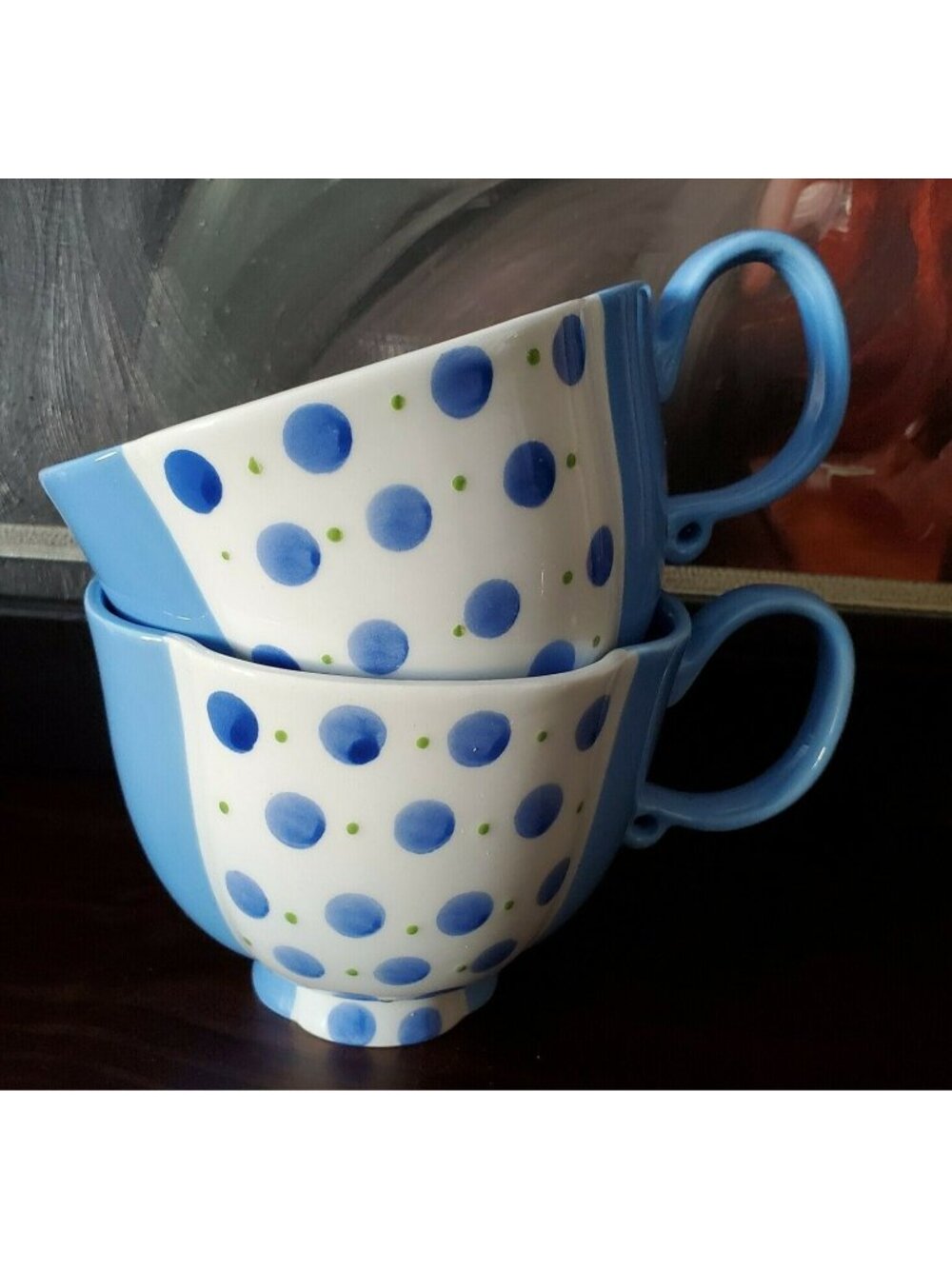 Large Blue Polka Dot Teacups Coffee Mugs Scalloped Anthropologie Devon Lot 2 NEW
